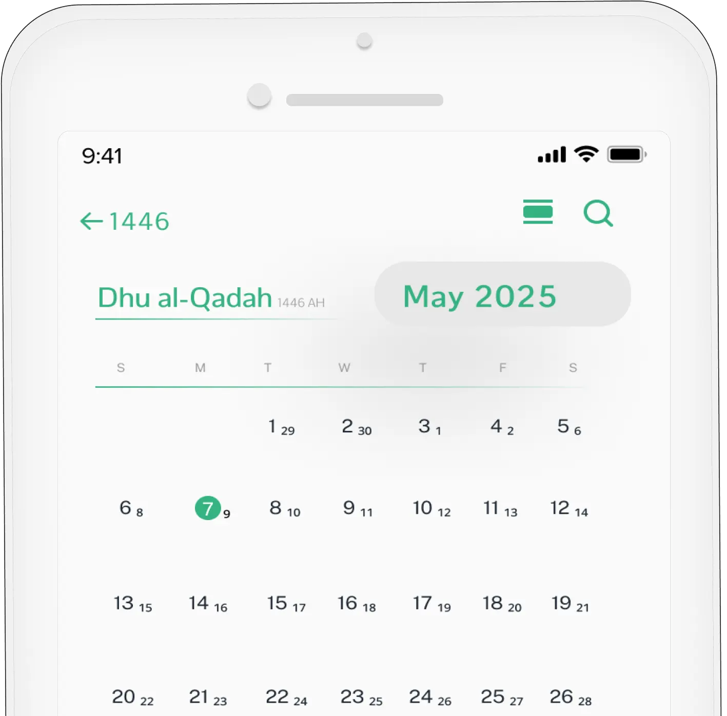 Muslim Calendar App View Mobile app showing a dual Muslim and Gregorian calendar, highlighting Dhu al-Qadah 1446 AH and May 2025.