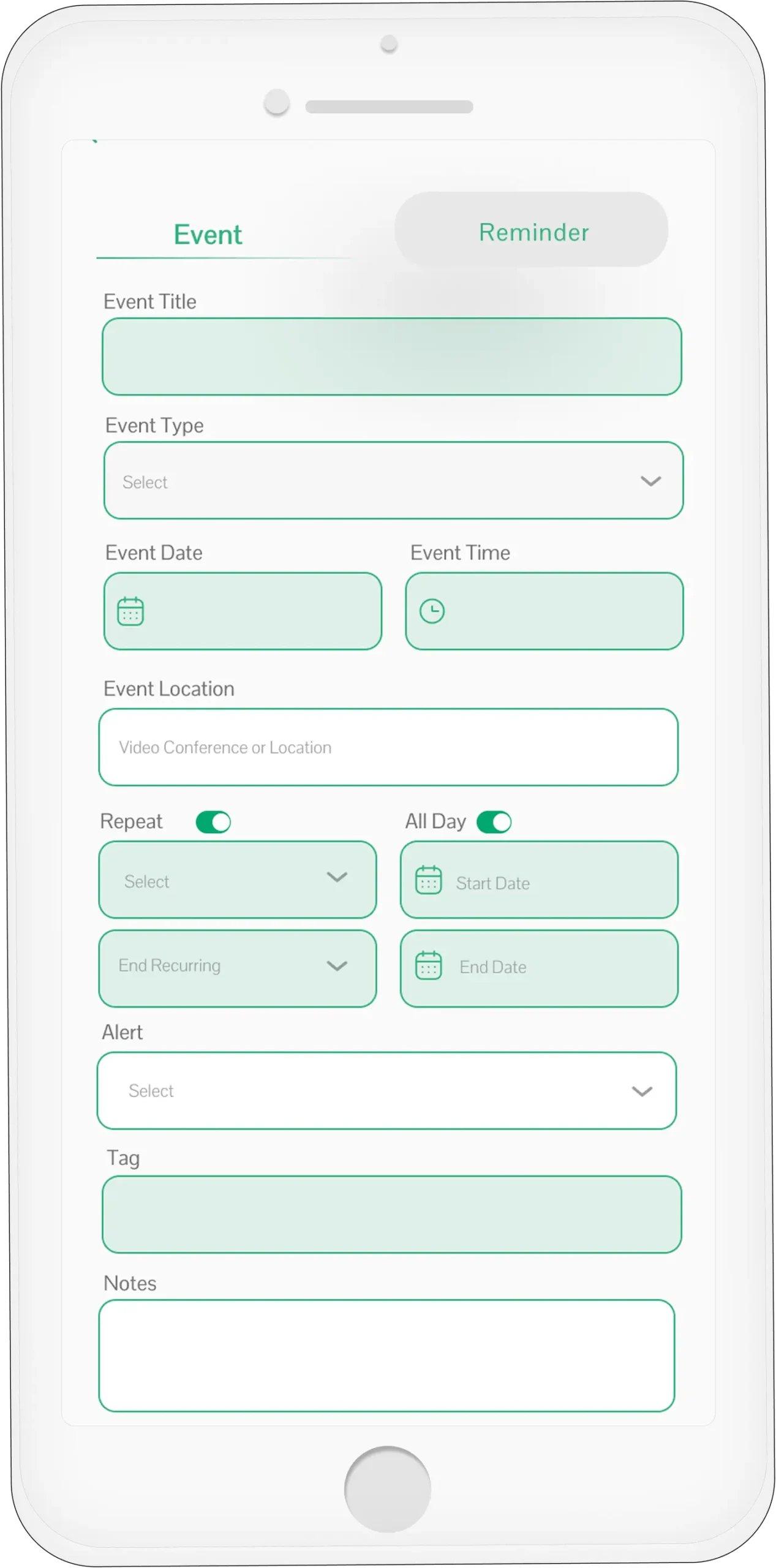 Muslim Calendar Event Creation Mobile app form for creating a new event or reminder within a Muslim calendar, with fields for title, date, time, location, recurrence, and alerts.