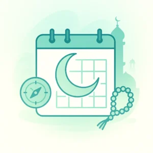 Icon representing a Muslim calendar app with a crescent moon on a calendar, a compass for Qibla direction, and prayer beads.
