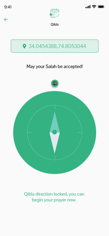 Qibla direction compass with location coordinates for Muslim prayer