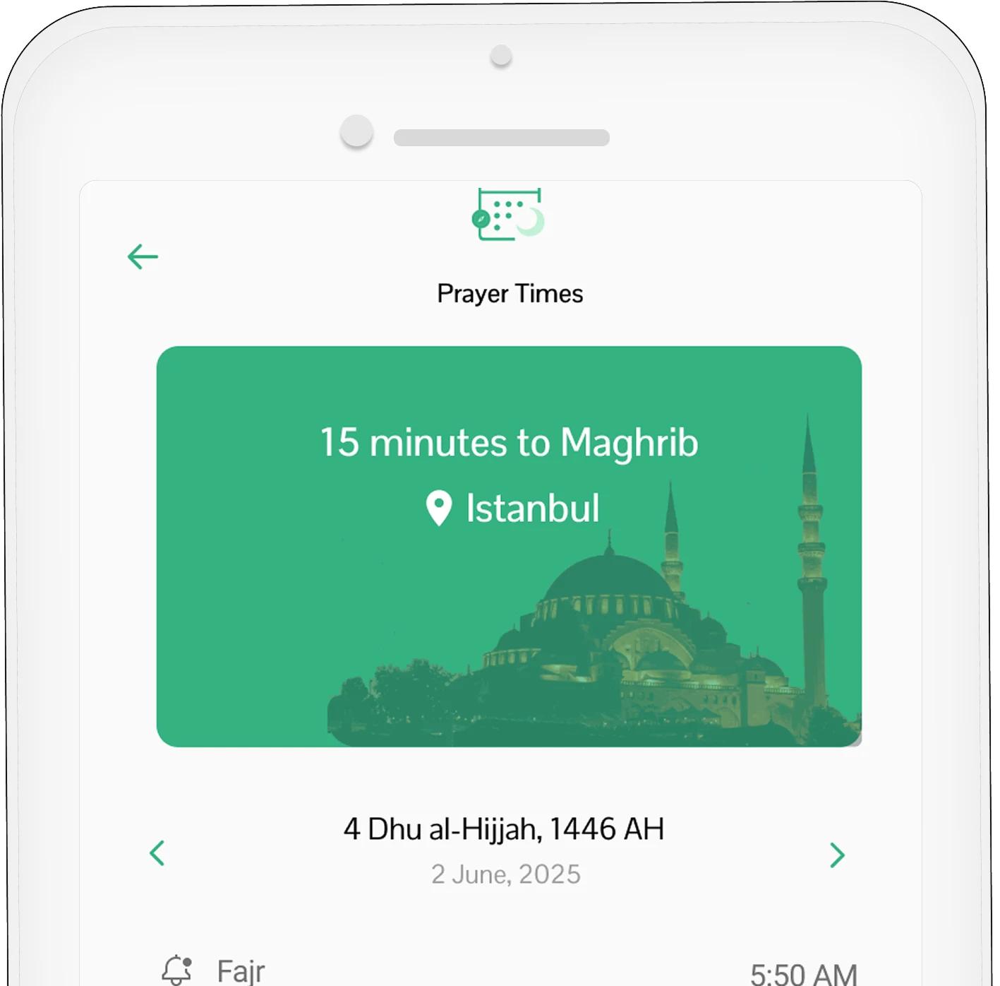 Prayer Mobile app showing a dual Muslim and Gregorian calendar, highlighting Dhu al-Qadah 1446 AH and May 2025.