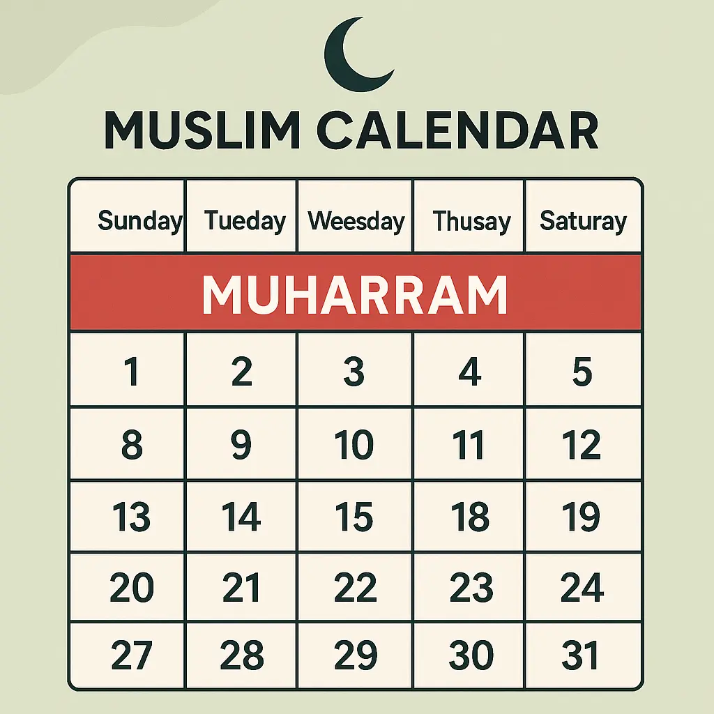 Muslim calendar highlighting the month of Muharram with dates clearly shown in a modern layout