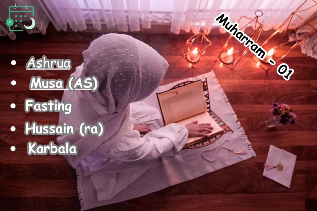 Muslim girl reading the Quran during Muharram with key themes of Ashura, fasting, and Karbala highlighted
