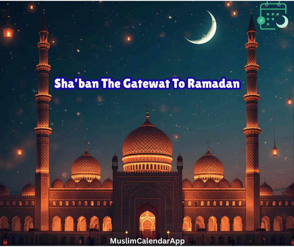 Beautiful mosque at night under crescent moon with text Sha’ban the gateway to Ramadan – Muslim Calendar App