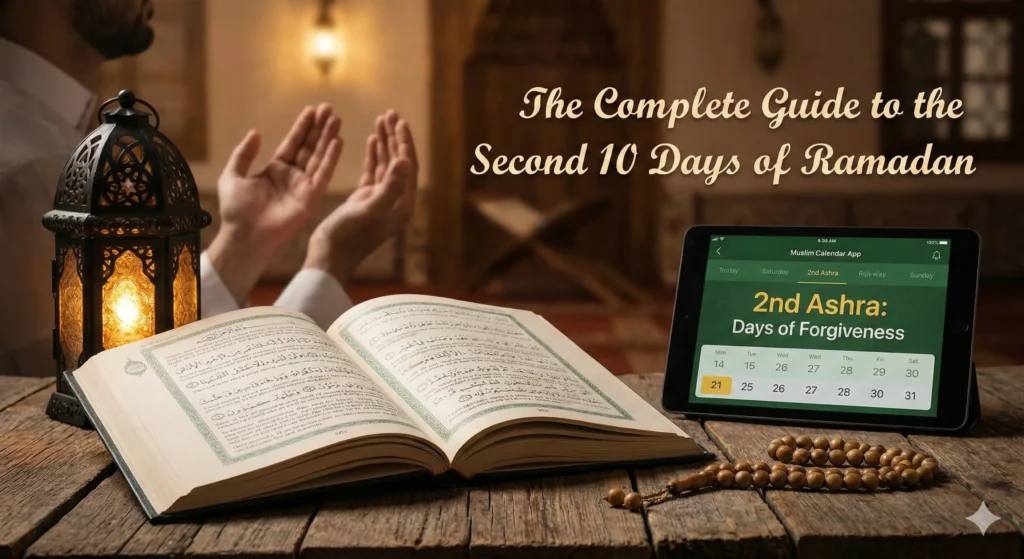"An open Quran, glowing lantern, and prayer beads on a wooden table next to a tablet displaying the Muslim Calendar app tracking the 2nd Ashra. Text reads: The Complete Guide to the Second 10 Days of Ramadan."