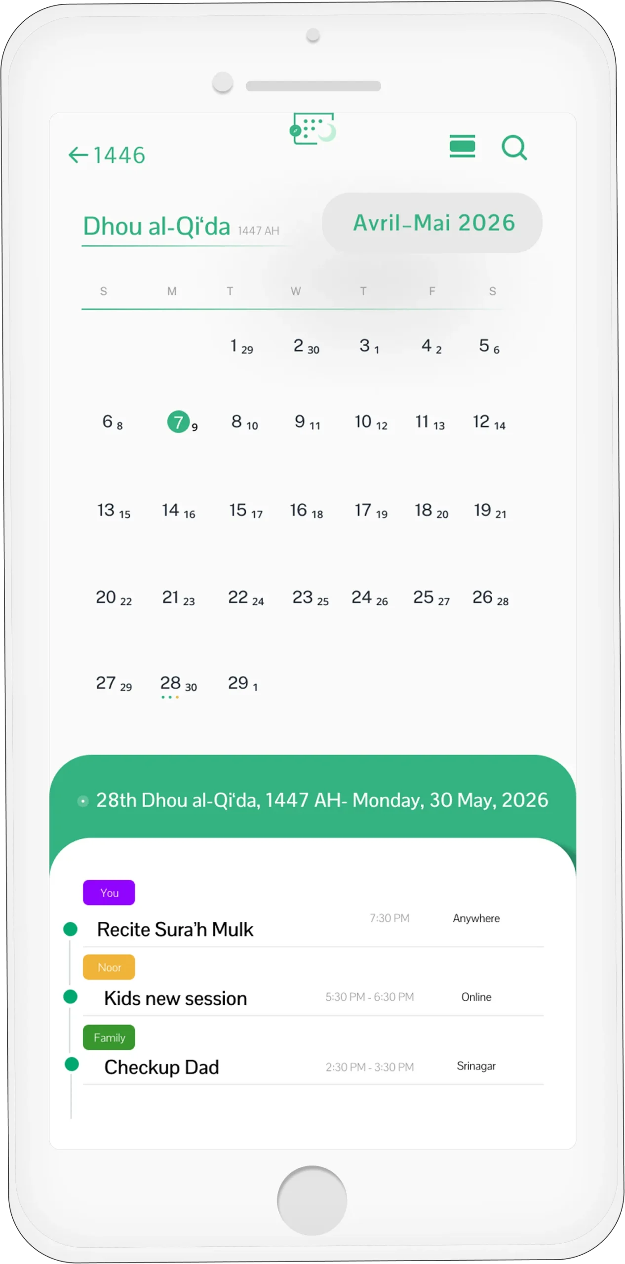 Muslim calendar app showing a dual Hijri and Gregorian calendar (Dhu al-Qadah 1446 AH, May 2025) and detailed events for 28th Dhul Qidah / May 30th.