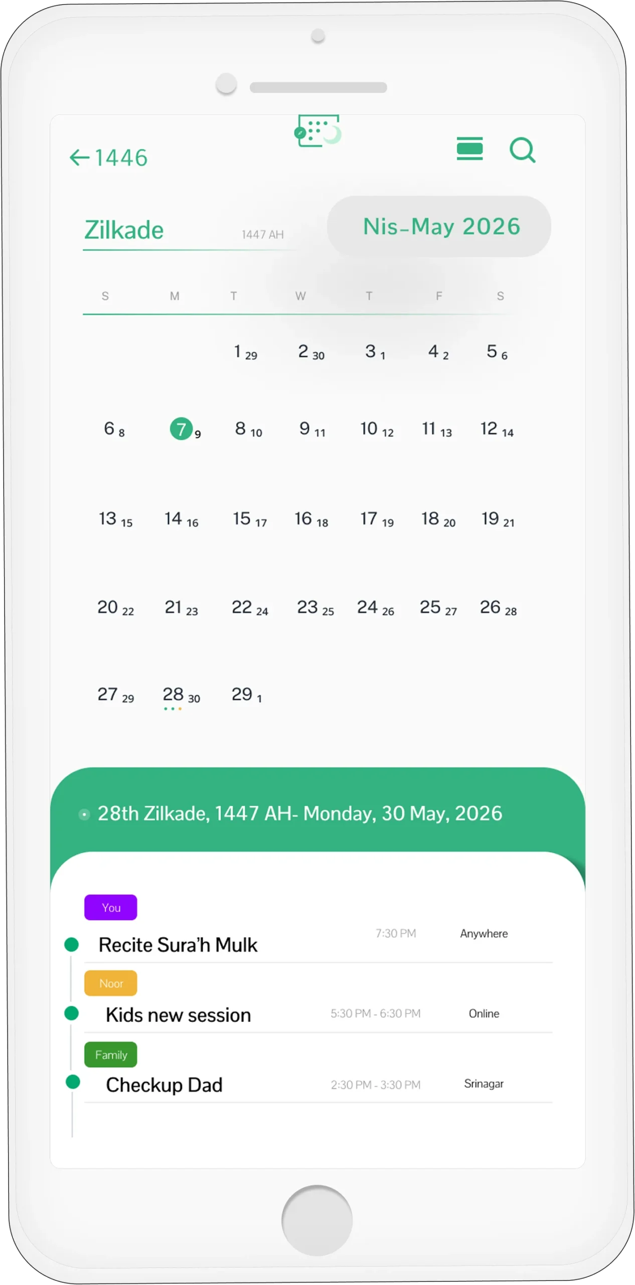 Muslim calendar app showing a dual Hijri and Gregorian calendar (Dhu al-Qadah 1446 AH, May 2025) and detailed events for 28th Dhul Qidah / May 30th.