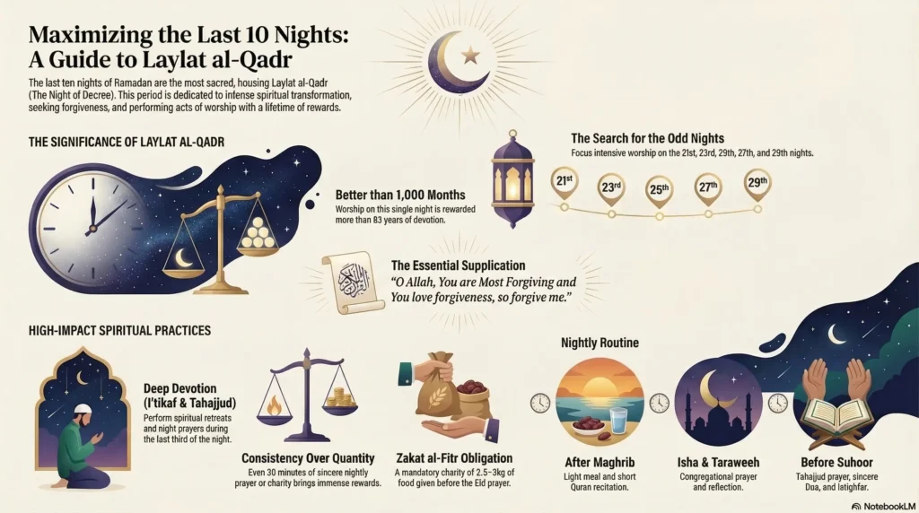 A comprehensive infographic titled "Maximizing the Last 10 Nights: A Guide to Laylat al-Qadr." The visual includes a timeline for the 2026 odd nights (21st, 23rd, 25th, 27th, and 29th), the significance of the night being "Better than 1,000 Months," and the essential Dua. Lower sections detail high-impact practices like I’tikaf and Tahajjud, Zakat al-Fitr obligations, and a step-by-step nightly routine from Maghrib to Suhoor.