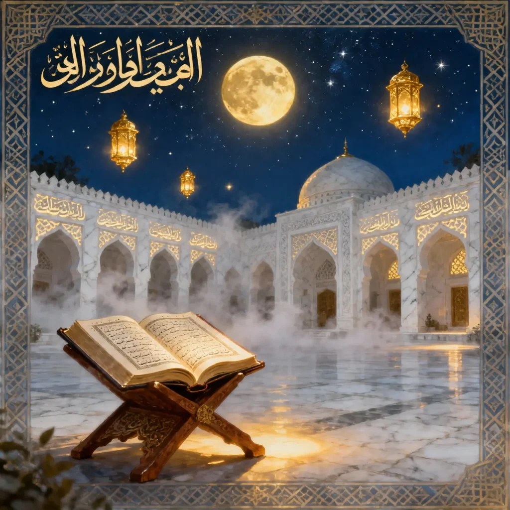 A cinematic and serene nighttime view of a white marble mosque courtyard under a full golden moon and hanging lanterns. An open Quran sits on a wooden rehal (book stand) in the foreground, surrounded by a soft, ethereal mist. Golden Arabic calligraphy is visible in the top left corner.