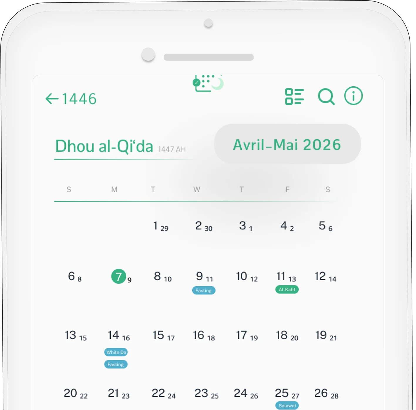 Mobile app showing a dual Muslim and Gregorian calendar, highlighting Dhu al-Qadah 1446 AH and May 2025.