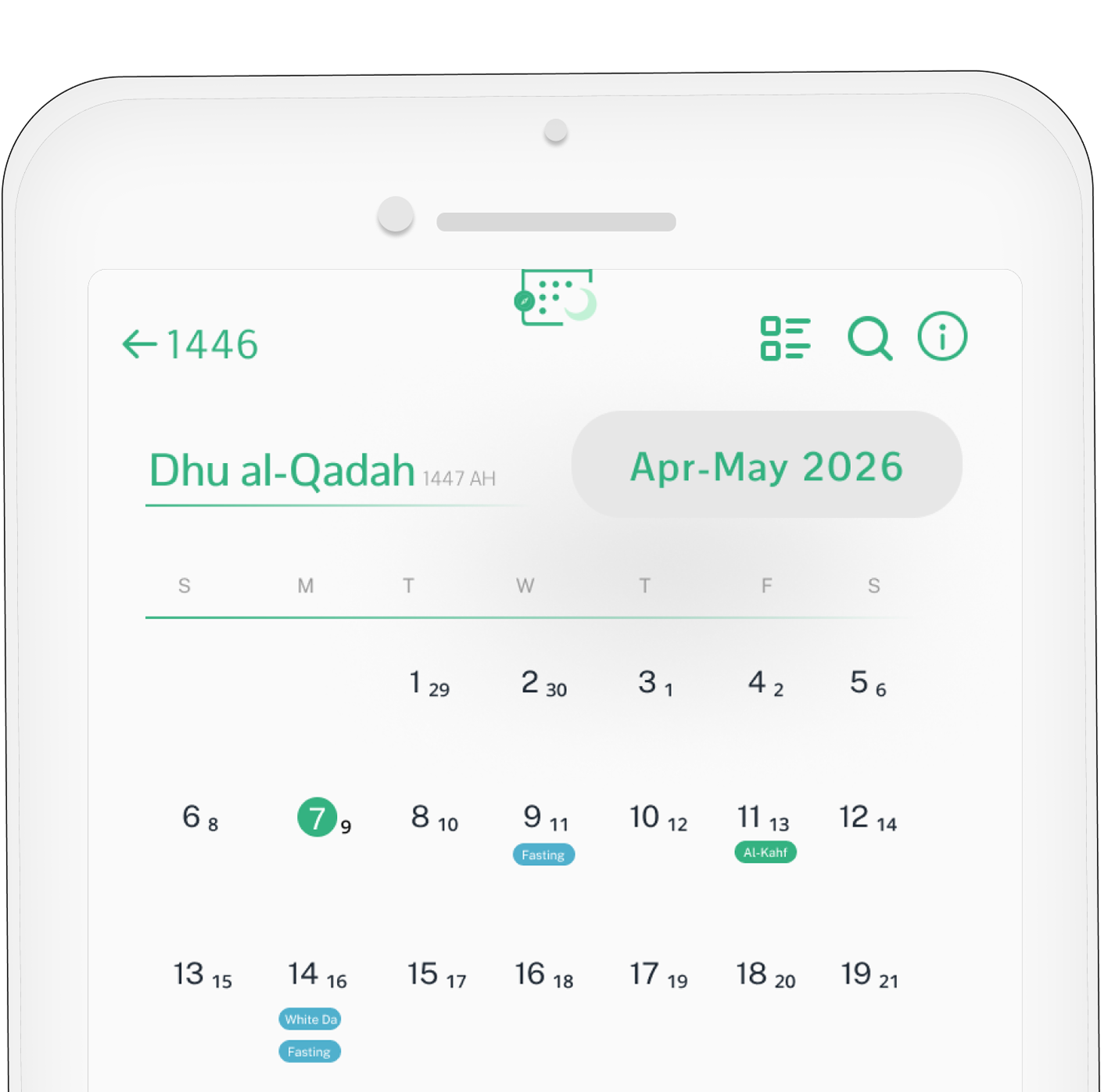image 4 Mobile app showing a dual Muslim and Gregorian calendar, highlighting Dhu al-Qadah 1446 AH and May 2025.